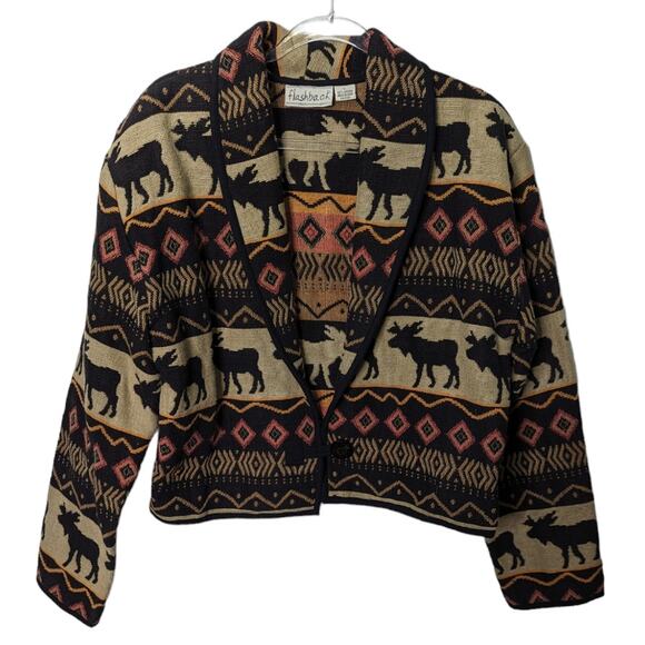 Vintage Flashback Cropped Tapestry Jacket Moose Southwestern Print Size L - Picture 1 of 7